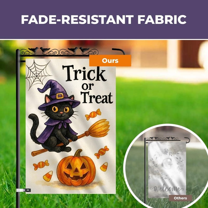 KarvePro Halloween Garden Flag 12x18 – Trick or Treat Black Cat & Pumpkin with Broom Stick & Spiderweb – Double Sided Burlap Halloween Flags for Outside, Fits Garden Flag Poles - Image 4